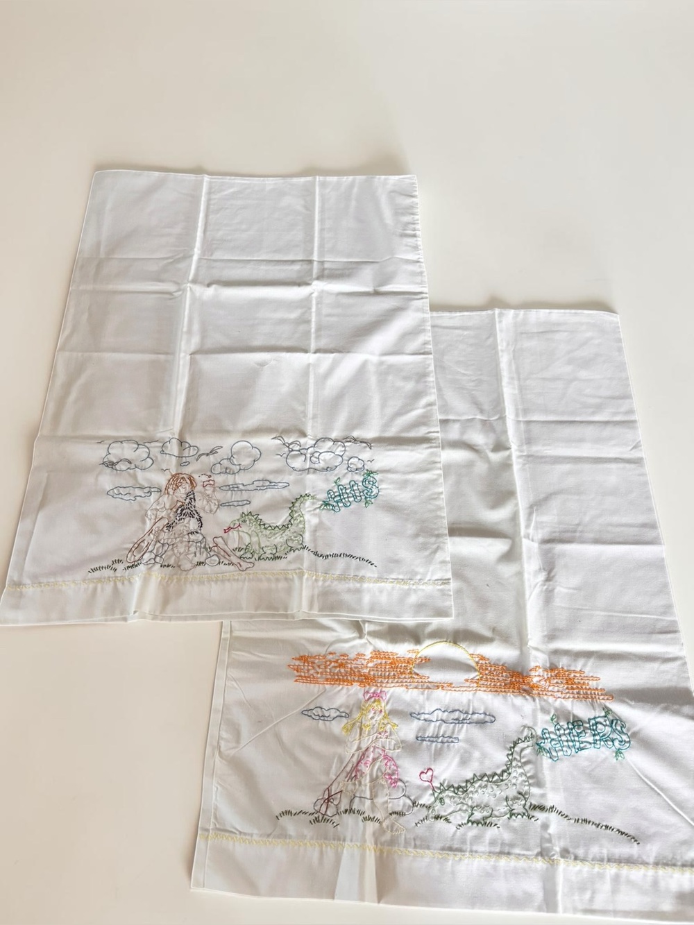 Vintage Embroidered His & Hers Pillowcases Set Romantic Couple Cottagecore